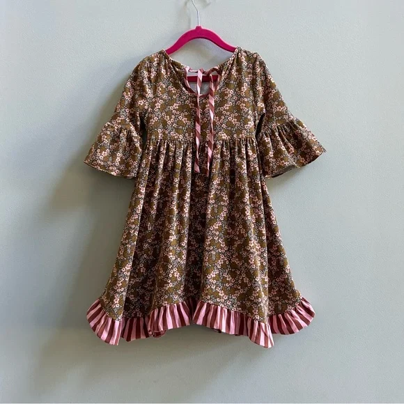 Wildflowers Pink Brown Floral Bell Sleeve Dress, Size 4